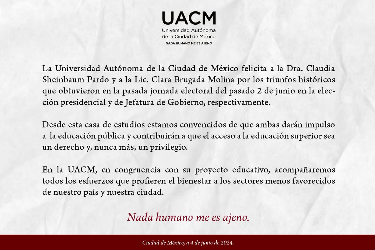 UACM (@uacm) on Twitter photo #UACM
Felicitamos a <a href="/Claudiashein/">Claudia Sheinbaum Pardo</a> y <a href="/ClaraBrugadaM/">Clara Brugada Molina</a> por los triunfos históricos que obtuvieron en la pasada jornada electoral. #UACM
Felicitamos a <a href="/Claudiashein/">Claudia Sheinbaum Pardo</a> y <a href="/ClaraBrugadaM/">Clara Brugada Molina</a> por los triunfos históricos que obtuvieron en la pasada jornada electoral.
