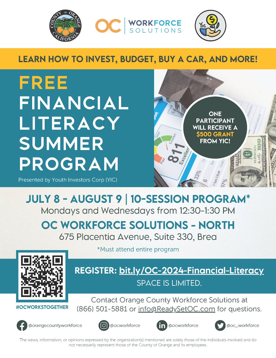 Join this FREE financial literacy summer program presented by Youth Investors Corp (YIC). Register now at bit.ly/OC-2024-Financ…. This program is only available to Youth ages 16-21.

For questions, contact Orange County Workforce Solutions at (866) 501-5881.