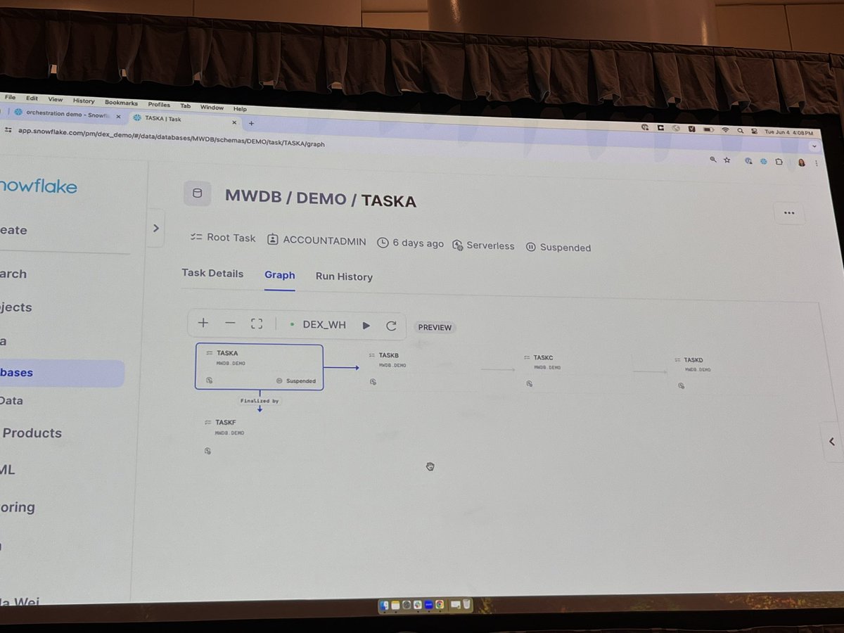 mt_musyu's tweet image. What’s New with Orchestration in Snowflake

AirflowとかDagsterなど外部のオーケストレーション使わなくとも（ある程度は）いけそう。Snowflakeで完結するのは嬉しい

まだPrPrが多いので、ユースケースの見極めは大事そう
#SnowflakeSummit #DataCloudSummit