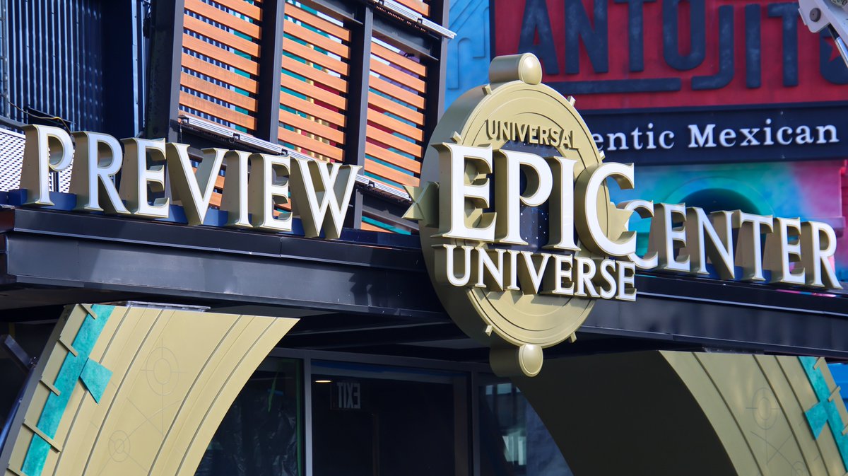 bioreconstruct's tweet photo. Signage above entrance of the Epic Universe preview center. https://t.co/gPMudTyY5c