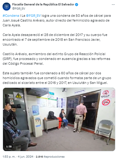 #Actualidad | 🔴Este día se condenó a 50 años de cárcel a Juan Josué Castillo Arévalo, exmiembro del Grupo de Reacción Policial (GRP), por el feminicidio de la agente Carla Ayala.
