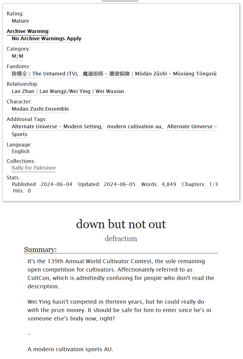 defractum's tweet photo. down but not out, chapter 1/3
⚔ wangxian
⚔ modern cultivation au
⚔ cultivation like a sport but also like a beauty pageant

for @/fannish_liz and Rally For Palestine

https://t.co/o2u9hZIDEf https://t.co/zA95qvte7B