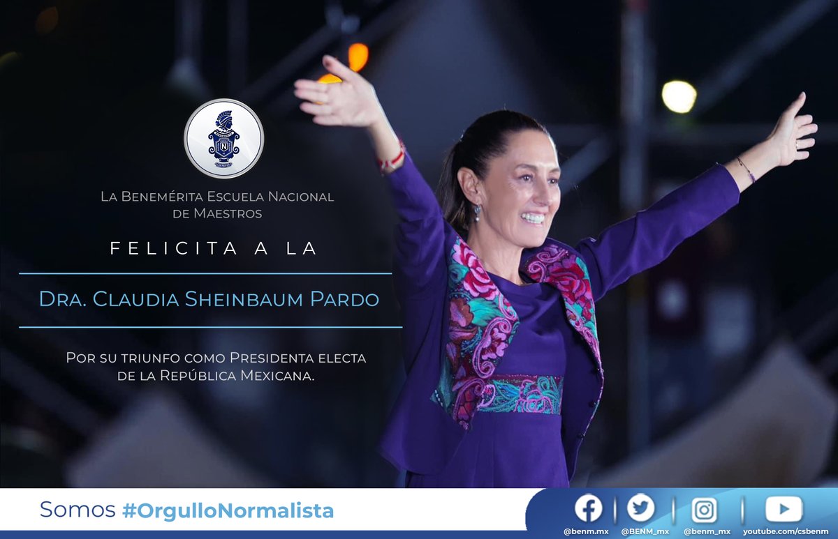 BENM_mx's tweet photo. La @BENM_mx, expresa su más sincero reconocimiento a la Dra. @Claudiashein, por su histórico nombramiento como la primera mujer electa a la Presidencia de México. Estamos seguros de que su liderazgo y trabajo contribuirán al desarrollo de la educación y progreso de México. https://t.co/G4Q77r35X4