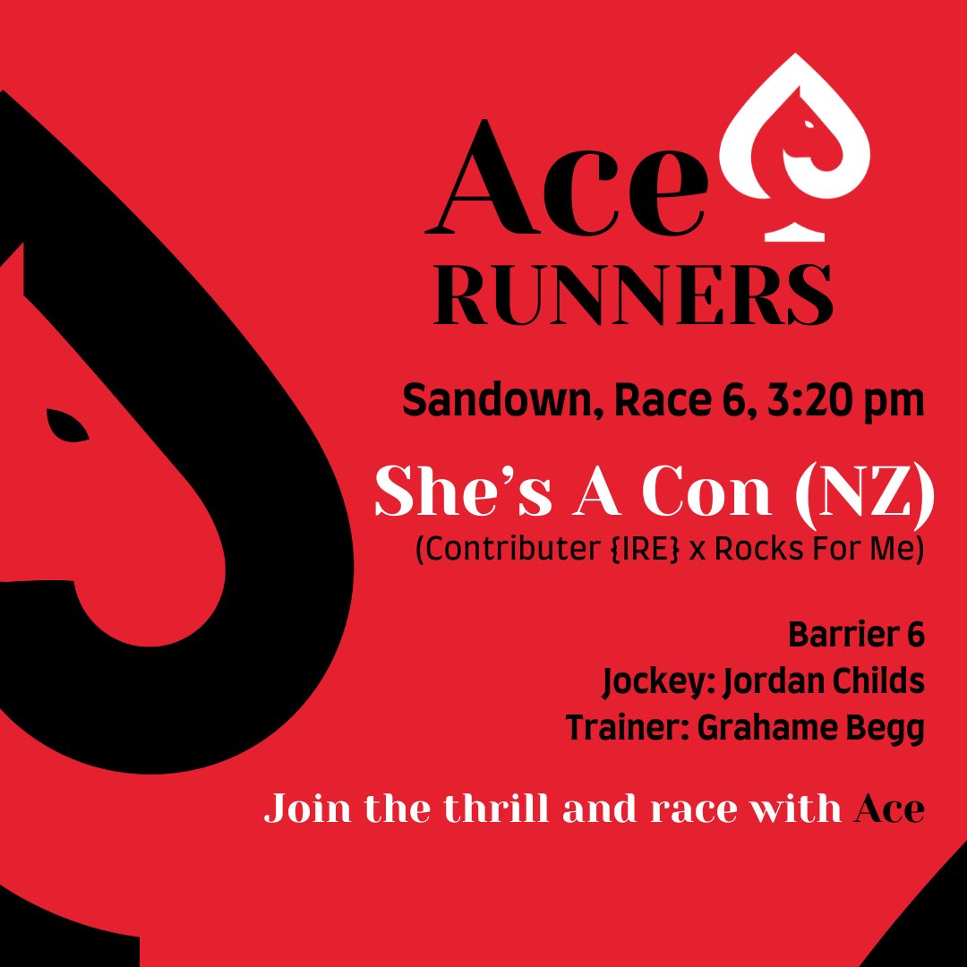 AceBloodstock's tweet photo. ♠️ Ace Bloodstock-owned She’s A Con takes on Race 6 under @JChilds47 at @MelbRacingClub Sandown this afternoon.
Best of luck to @Grahame_Begg and all of our members!
#RaceWithAce #JoinTheThrill https://t.co/6WMB3p01wB