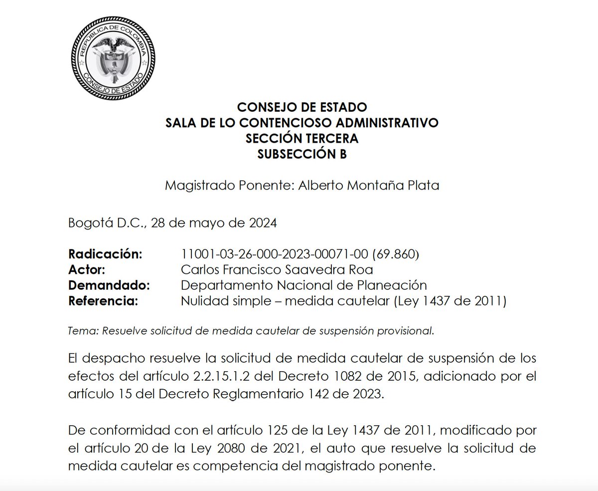 Sebasbarretoc's tweet photo. El Consejo de Estado suspendió provisionalmente el artículo 2.2.15.1.2 del Decreto 1082 de 2015, adicionado el Decreto 142 de 2023, sobre convenios solidarios con organismos de acción comunal. https://t.co/wrP3lgQlTY