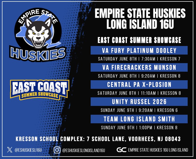 AveryStuart31's tweet photo. This is the finalized schedule for my teams East Coast Summer Showcase this weekend! I can't wait to play with my team in our first showcase of the season!
@EStateHuskies 
@ESHuskiesLI16U https://t.co/ig75nCbJI1