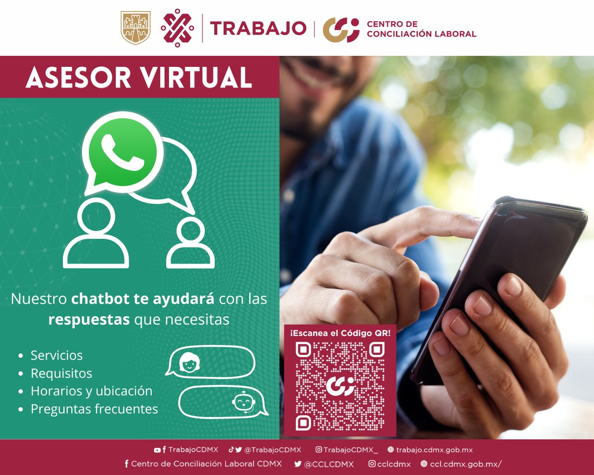 Yaneli_Cedillo's tweet photo. 🚀 ¡Descubre nuestro #AsesorVirtual 📲 del Centro de Conciliación Laboral CDMX!
Explora nuestros servicios y requisitos con detalle. 🤖 Nuestro chatbot es rápido, eficiente y disponible 24/7. 💬 Inicia una conversación ahora mismo: ➡️ https://t.co/arJvlU8zWi
#TrabajoEnLaCiudad #JusticiaLaboral