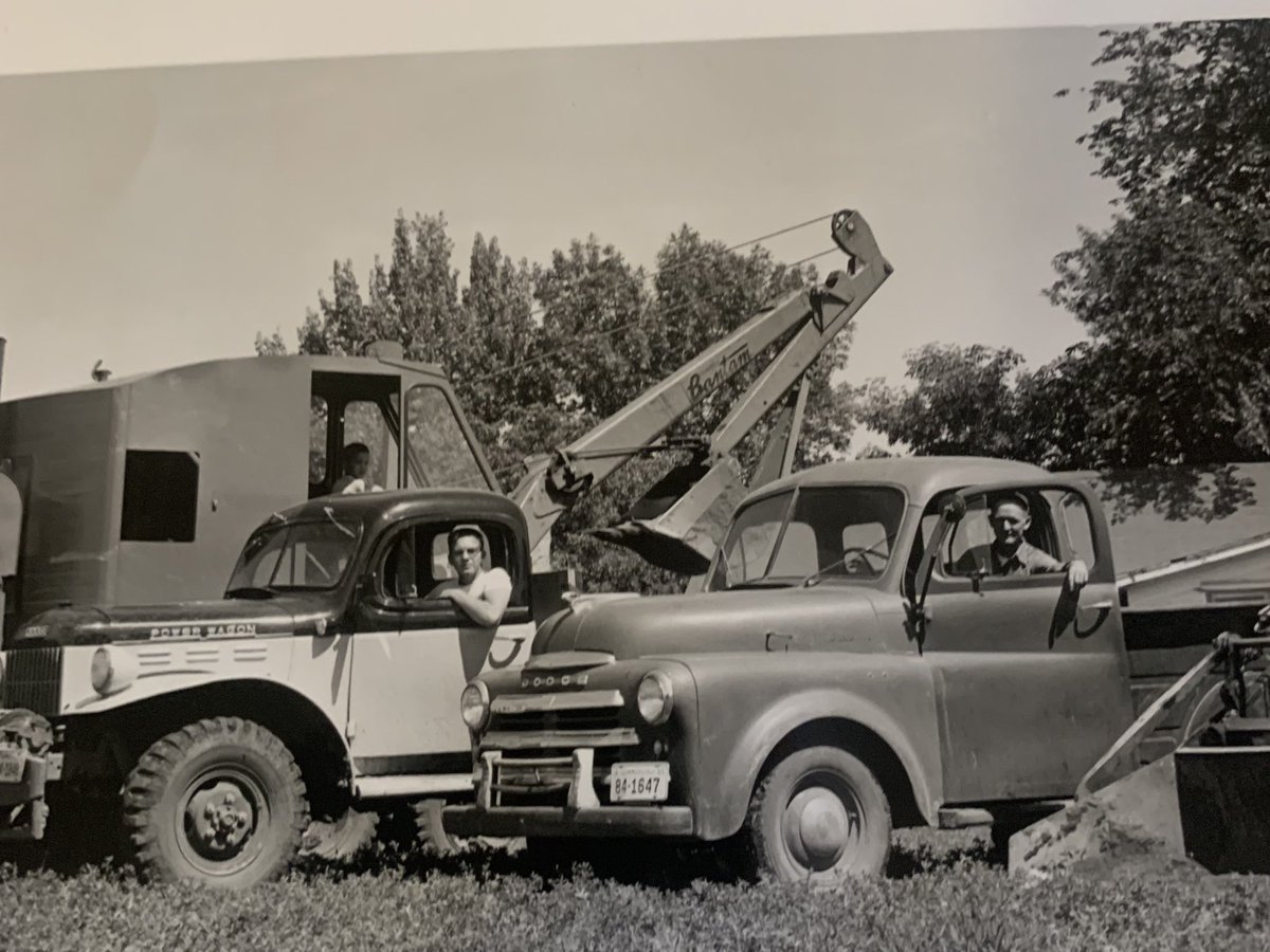 hawkarcher's tweet photo. #DavesCarIDService I’m assuming around 1955, the year my dad graduated from Hawarden High in Iowa. I know he worked on Gavin’s Point Dam near Yankton, SD but not sure this is a pic of them slacking off at work or not. My dad is in the Power Wagon. https://t.co/dv9PdjbJfE