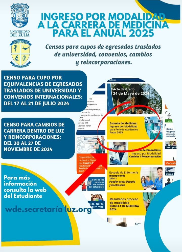 📢 Atención!!

Censo para cupos de egresados traslados de otra universidad, convenios, cambios y reincorporaciones. Vía <a href="/fmedluz/">Medicina LUZ</a> 

wde.secretarialuz.org/wde/index.html

#luz #universidad #zulia #maracaibo #censo
