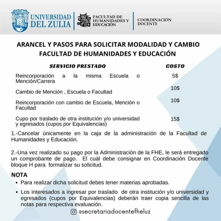 📢 Atención!!

Información sobre el proceso de solicitud por modalidad 2-2024 de la Facultad de Humanidades y Educación. 

#luz #universidad #Humanidades #educación