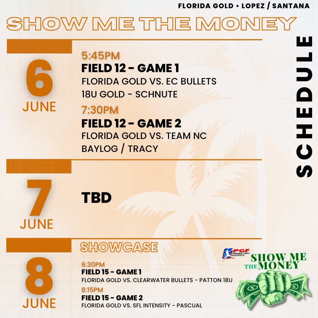 Florida Gold - Lopez / Santana (@flogoldsoftball) on Twitter photo Right back to Newberry for <a href="/flpgfmedia/">Florida PGF Media Network</a> SHOW ME THE MONEY!! Competitors ready here!💰 Right back to Newberry for <a href="/flpgfmedia/">Florida PGF Media Network</a> SHOW ME THE MONEY!! Competitors ready here!💰