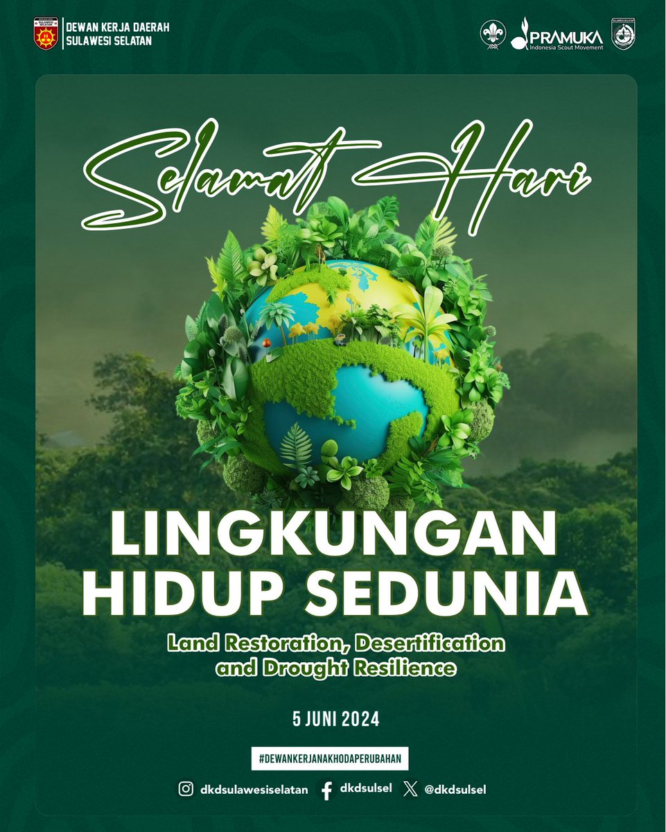 Kampanye Hari Lingkungan Hidup Sedunia 2024 berfokus pada restorasi lahan, penggurunan, dan ketahanan terhadap kekeringan, dengan membawa slogan "Tanah kita. Masa depan kita. Kita adalah #GenerationRestoration."

#dkdsulsel2428
#WorldEnvironmentDay