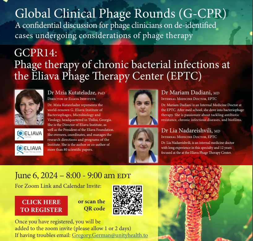 Global Clinical Phage Rounds (@phagerounds) on Twitter photo On 6th June - don't miss this one! Eliava Phage Therapy Center with over 100 years experience in Phage Tx. Sign up:ย bit.ly/GeorgianPhage
<a href="/EliavaPhage/">Eliava Phage Therapy</a> <a href="/DrGregGerman/">Greg German MD PhD FRCPC DTM&H</a> <a href="/rannirpaz1/">ran nir-paz</a> <a href="/PhageAustralia/">Phage Australia - Connect. Discover. Cure</a> <a href="/HollyASinclair/">Holly Sinclair</a> On 6th June - don't miss this one! Eliava Phage Therapy Center with over 100 years experience in Phage Tx. Sign up:ย bit.ly/GeorgianPhage
<a href="/EliavaPhage/">Eliava Phage Therapy</a> <a href="/DrGregGerman/">Greg German MD PhD FRCPC DTM&H</a> <a href="/rannirpaz1/">ran nir-paz</a> <a href="/PhageAustralia/">Phage Australia - Connect. Discover. Cure</a> <a href="/HollyASinclair/">Holly Sinclair</a>