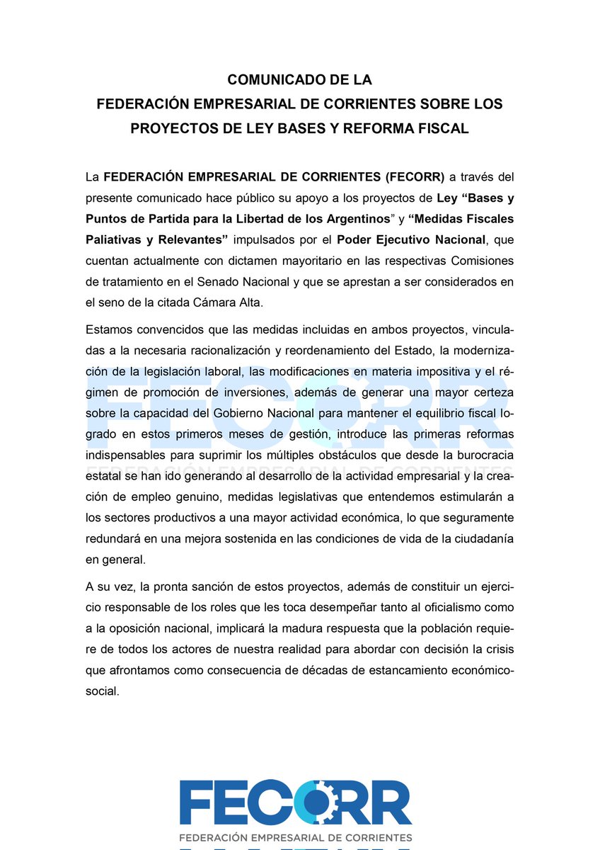 FECORRctes's tweet photo. 👉🏾 Postura de la FECORR sobre los proyectos de Ley de Bases y Reforma Fiscal. https://t.co/5XU5c68N5I