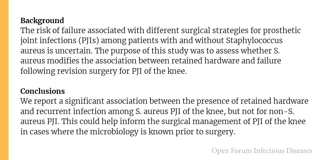 The effect of retained hardware on failure among prosthetic joint infections of the knee in the presence and absence of Staphylococcus aureus

✅ Just Accepted
🔗 bit.ly/3X7FNfM