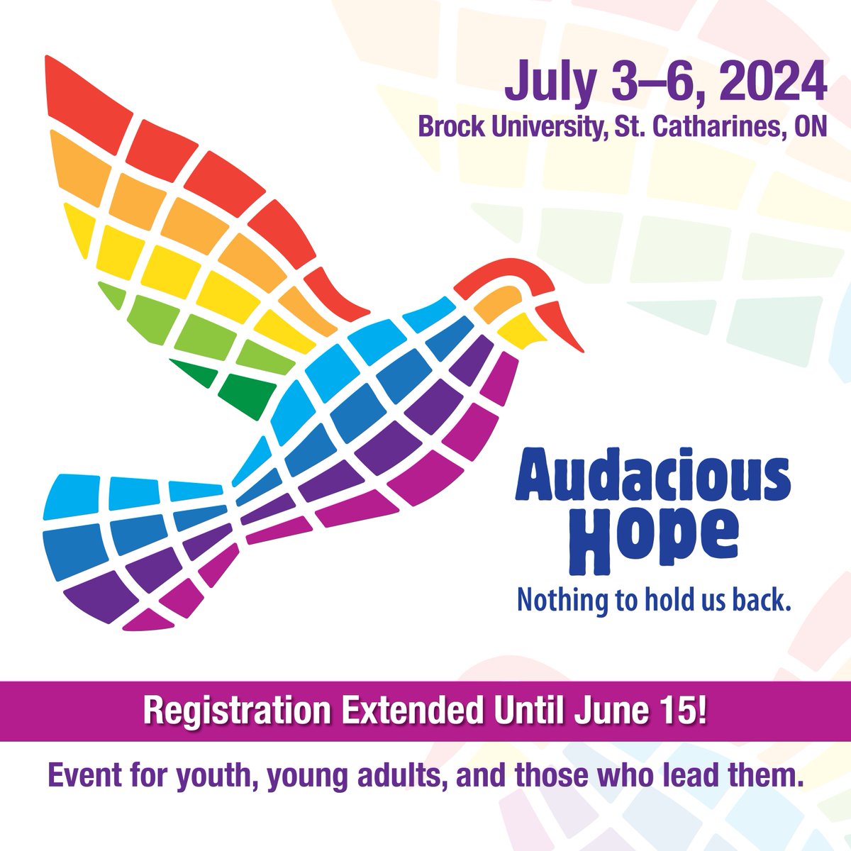 UnitedChurchCda's tweet photo. AUDACIOUS HOPE REGISTRATION EXTENDED UNTIL JUNE 15!
🌟 Sign up today for Audacious Hope 2024 national youth and young adult event! 🌟 📅 July 3-6, 2024 / 📍 Brock University, St. Catharines, ON
https://t.co/myQBBC3mgY
#UCCan #AudaciousHope #DeepBoldDaring #Rendezvous2024 https://t.co/v0qrEZmT1l