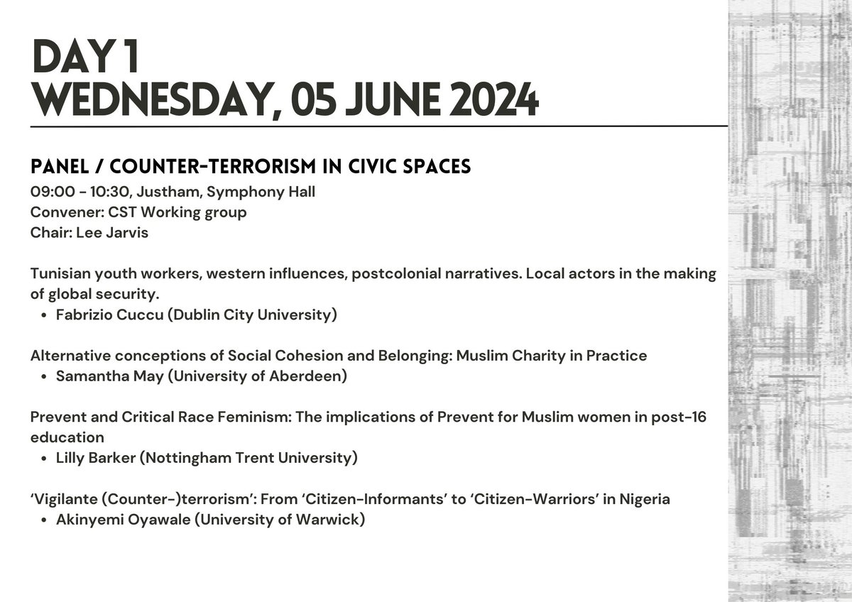 Join us on DAY ONE as we kick off #BISA2024 in style with a panel on counterterrorism in civic spaces with Fabrizio Cuccu, Samantha May, <a href="/lilly_barker_/">lilly</a> @AkinOyawale <a href="/LeeJarvisPols/">Lee Jarvis</a>