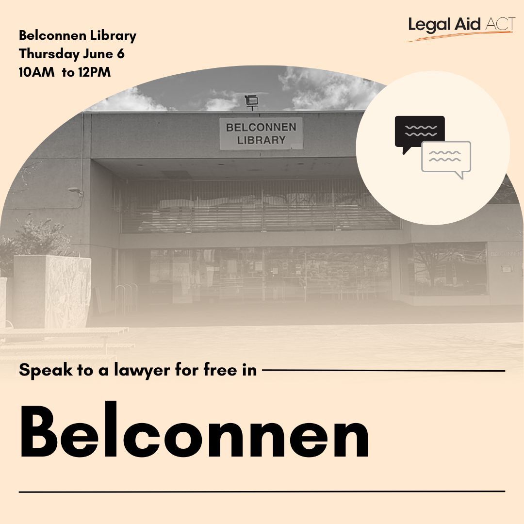 YLCACT's tweet image. Do you need legal advice?
Come speak to a @LegalAidACT lawyer at Belconnen Library this Thursday for free.
No appointment needed!
If you need assistance now, call our Helpline on 1300 654 314