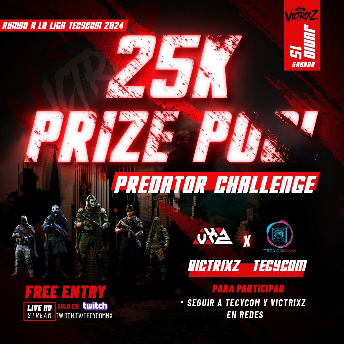 victrixzclan's tweet photo. 🚨 PRIMER GRAN TORNEO VICTRIXZ X TECYCOM ‼️‼️

Este próximo SÁBADO 15 DE JUNIO a las 18:00 HRS (HORARIO CDMX) se llevará a cabo el TORNEO MÁS GRANDE que se ha tenido hasta la fecha, todo esto en colaboración con los compitas de TECYCOM… CON MÁS DE $25,000 MXN EN PREMIOS ‼️‼️🙀💸 

Serán 5 PARTIDAS DE CUSTOMS EN TOTAL, las cuales tendrán los siguientes premios:

1. Tríos: $4,500 MXN ($1500 para c/u) ✅
2. Tríos: $4,500 MXN ($1,500 para c/u) ✅
3. Trios: $4,500 MXN EN CRÉDITO para gastar en la TIENDA DE TECYCOM ($1,500 de CRÉDITO para c/u) ✅
4. Solos: Una SILLA GAMER EXCLUSIVA ✅
5. Solos: Será un PRODUCTO de la TIENDA DE TECYCOM con un valor de $4,000 MXN ✅

También habrá un PREMIO para el MVP del TORNEO de $2,500 MXN. 🥇✍️ 

*IMPORTANTE* Para SABER cómo PARTICIPAR deberán de ENTRAR a nuestro DISCORD ‼️‼️ 

Discord: https://t.co/Ad9FzkEhlS