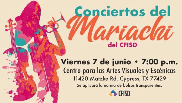 Our CFISD Mariachi ensembles will be  presenting a free concert this Friday at the CFISD VPAC. 

Nuestros grupo de Mariachi del CFISD presentarán un concierto gratis este viernes en el CFISD VPAC.