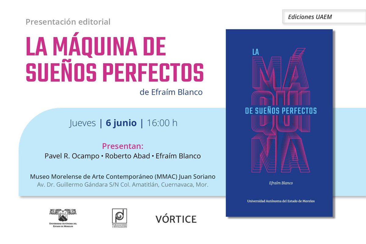 ⏰ El jueves en el Museo Juan Soriano de Cuernavaca vamos a platicar de La máquina de sueños perfectos (<a href="/EdicionesUAEM/">Ediciones UAEM</a>) - me acompañan <a href="/LsSiel/">Pavel R. Ocampo</a> y <a href="/RobertoAbad/">Roberto Abad</a> 🤖
📢 Date la vuelta por la edición impresa, que se va... se va...
#CienciaFicción #AI