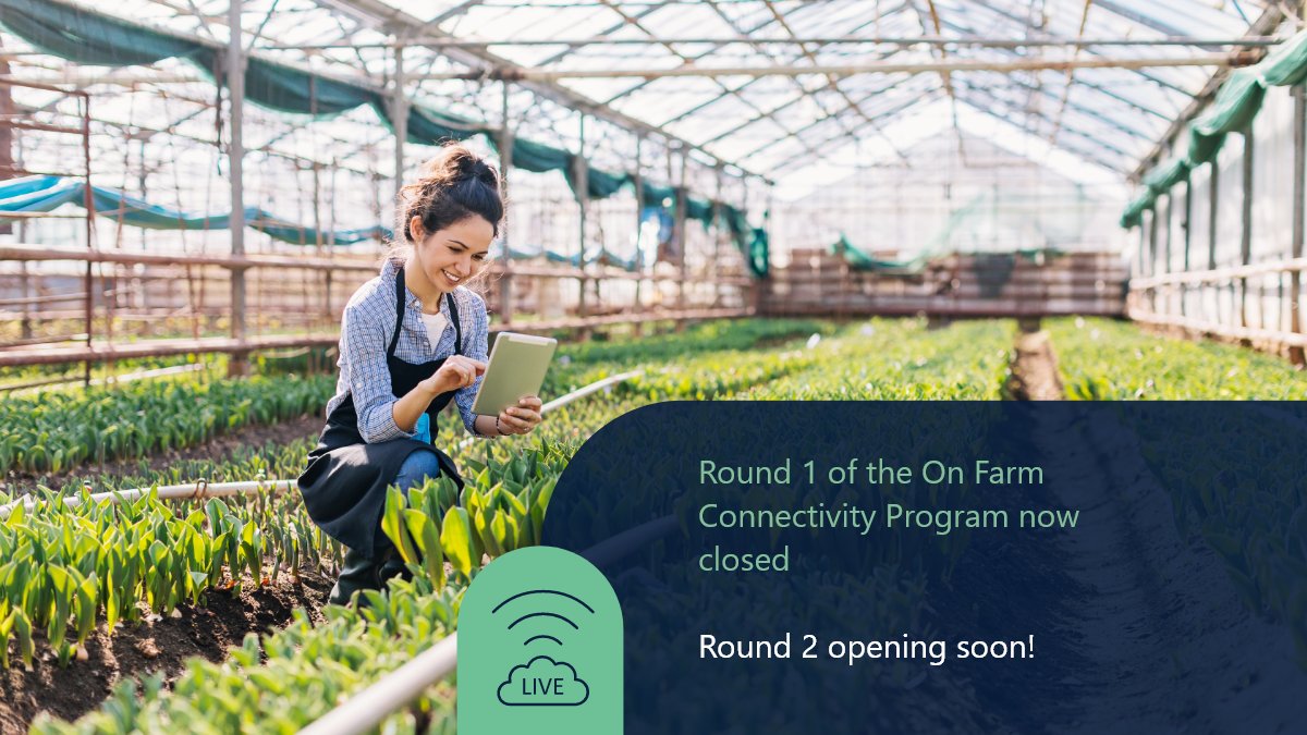 AusGovMediaTech's tweet photo. Round 1 of the On Farm Connectivity Program has now closed. We hope all who accessed subsidised equipment are seeing the benefits. Keep an eye out for Round 2 opening later this year! 
 
#OFCP
#ConnectingAustralians 
#agriculture
#forestry 
#fisheries https://t.co/QqEsiAbjkM