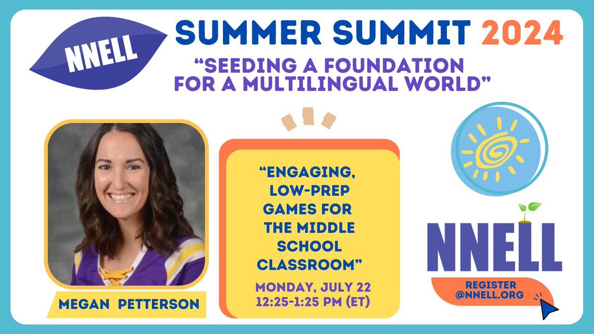 EarlyLang's tweet photo. 📣Looking for low-prep, fun games for your classroom? Join Megan Pettersen at NNELL Summer Summit 2024 and leave with five engaging activities your students will love and you can use tomorrow in your class!
Register now! https://t.co/fmEAE34xRA
🗓️July 22-23
#EarlyLang #Langchat https://t.co/F5GteADy9N