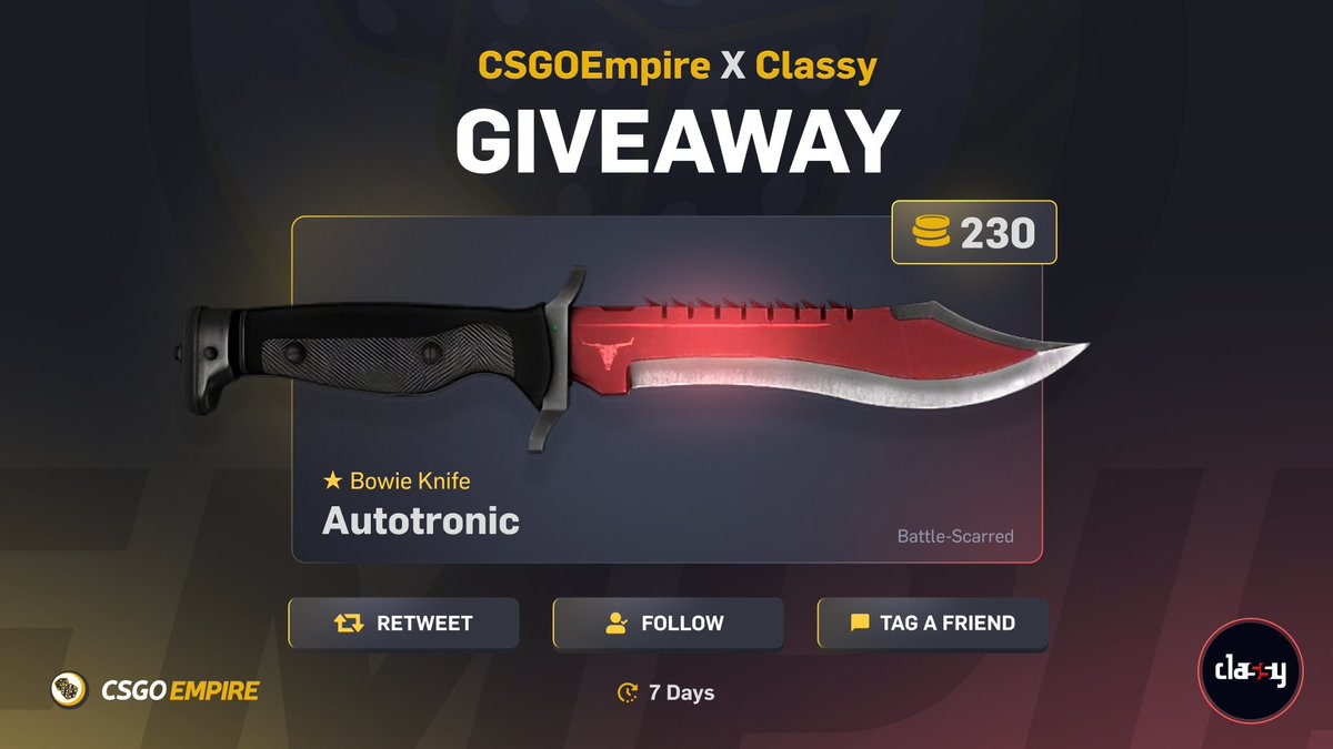 classybets's tweet photo. $230 KNIFE GIVEAWAY
✅RT
✅Follow me &amp; @CSGOEmpire 
✅Tag a friend

Rolling in 7 days! https://t.co/4z5ByRNgPS