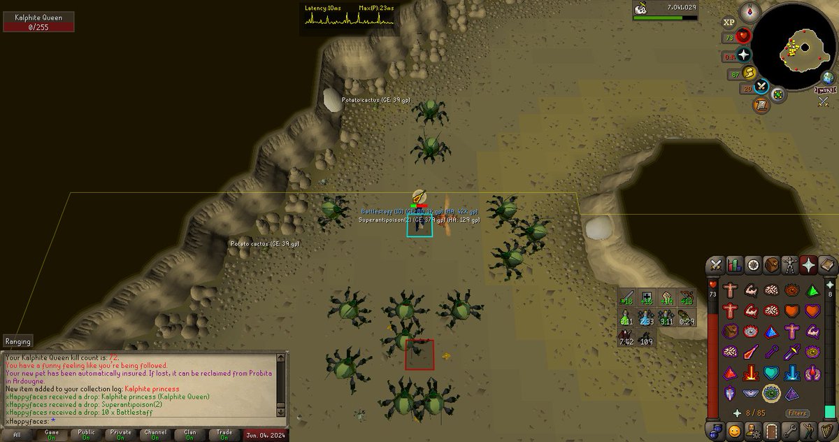 Huntie1997's tweet photo. Kalphite Princess at KC 72 wtfffff.  Was just working on KQ head for Elite Desert Diary and got this spoon.  My third pet on my main! #osrs https://t.co/NDt1u9jnz7