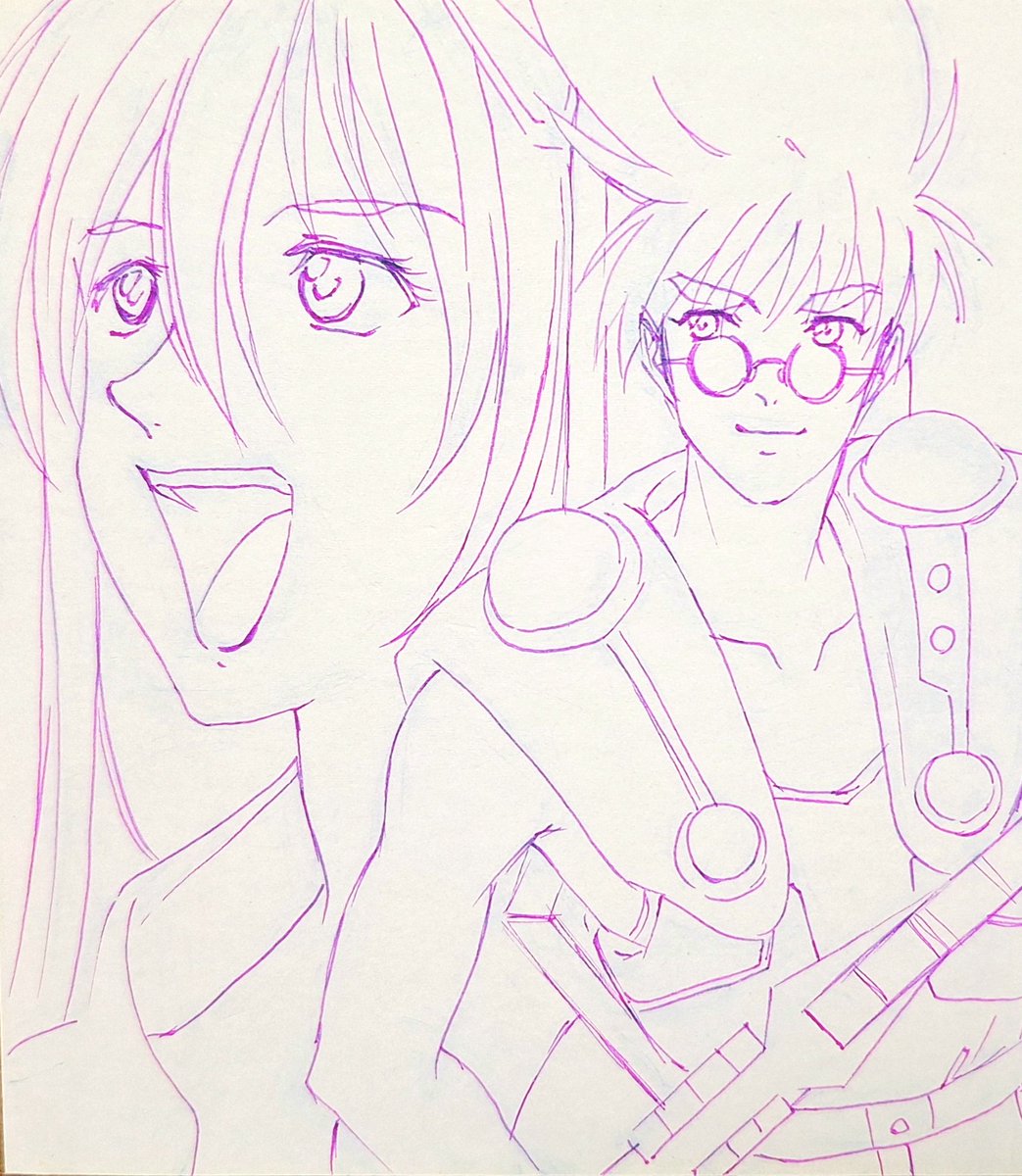 次回のマクロス色紙絵プレゼント企画用No.01 バサラ&amp;エミリアの線画です～🔥😌🔥
#マクロス7