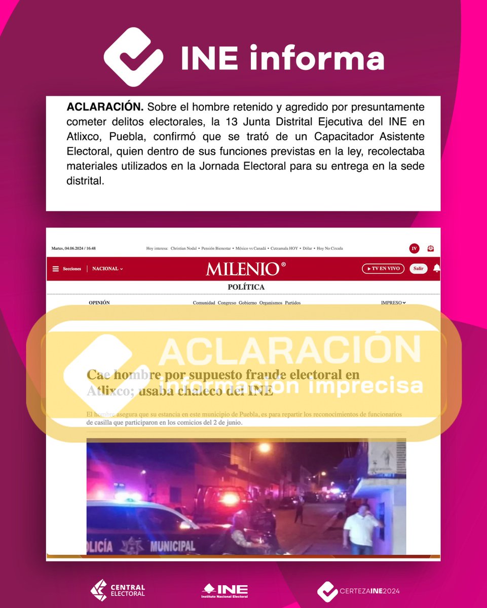 CertezaINE's tweet photo. 🚨 #ACLARACIÓN | Sobre una publicación acerca de un hombre retenido y agredido por presuntamente cometer delitos electorales en Atlixco, Puebla, #ElINEInforma: https://t.co/SI5EpLPiIC