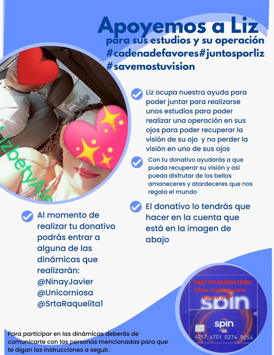 NinayJavier1's tweet photo. ⚡️Atención ⚡️
Me ayudan a ayudar ? 

Hoy @LizbetyAlex necesita se nuestro apoyo para sacar adelante tan delicada situación ! 

#CadenaDeFavores❤️ #tusojoalovalen ❤️ https://t.co/PD4EHn90fQ