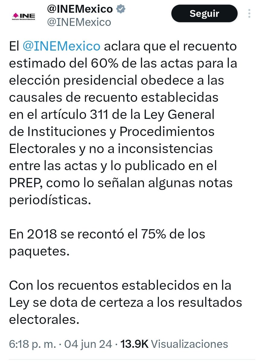 catrina_nortena's tweet photo. #ULTIMAHORA 
🚨 TUMBA EL @INEMexico MENTIRAS de @latinus_us y @CarlosLoret 

Confirman que se van a contar como el 60% de las actas para la Elección Presidencial, ya que obedece a las Causales de Recuento establecidas en el artículo 311 de la Ley General de Procedimientos Electorales

 NO A INCONSISTENCIAS entre las #Actas y lo publicado en el #PREP, como lo señalan los chayoteros

Y remata diciendo que en el 2018 se recontaron el 75% de los paquetes.

Puras FakeNewa de la fachiza...