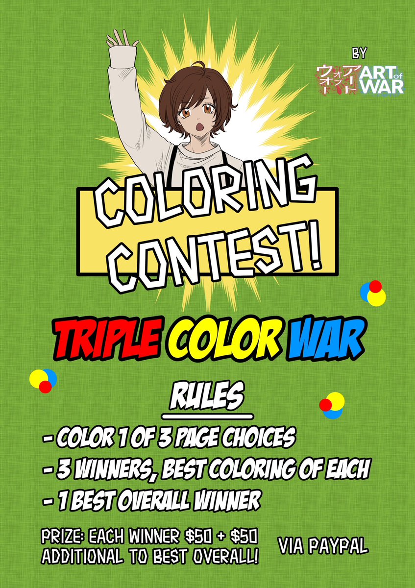 artofwarmanga's tweet photo. 🎨 Triple Color War 🎨
A quality coloring factors in Mood, Shading, Lighting, Style, etc. Use your prowess in coloring to color 1 of these 3 Art of War pages ⚔️
🚨: Link below for each PSD
Rules:
1. Follow @artofwarmanga ⚔️
2. Retweet this post
3. Hashtag #TripleColorWar https://t.co/BJfSzmGLFr