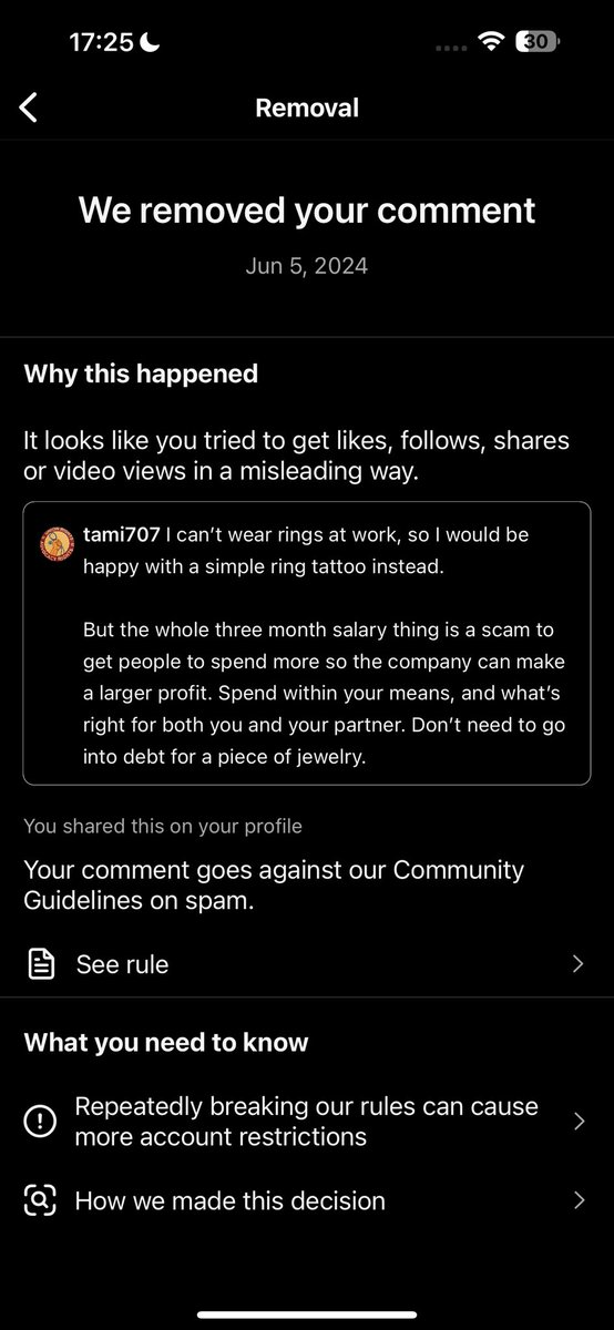 Tami707's tweet photo. @instagram Please explain *how* this comment went against community guidelines, why I can’t appeal it, and why the comment won’t upload when trying to ask in threads? 
Inquiring minds *need* to know. https://t.co/cADDJGidTH