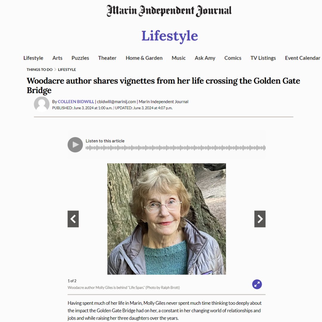 "You sort of want to forgive yourself, and at the same time, you have to come to terms with who you are." Here's a remarkable interview w/ Molly Giles in the <a href="/marinij/">Marin IJ</a> where she opens up about her memoir, LIFE SPAN. Big thanks to <a href="/colleenbidwill/">Colleen Bidwill</a>   
marinij.com/2024/06/03/woo…