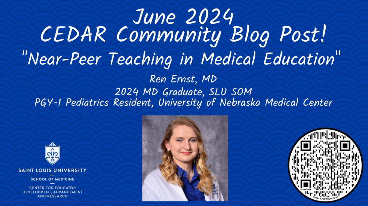 Happy to share our June 2024 <a href="/slusom/">SLU Medicine</a> CEDAR Community Blog Post!

In this peer-reviewed post, <a href="/slusom/">SLU Medicine</a> graduate Ren Ernst explains near-peer teaching in #MedEd, details benefits, &amp; offers guidance to recruit, train &amp; evaluate near-peer teachers.

#MedTwitter slu.edu/medicine/about…