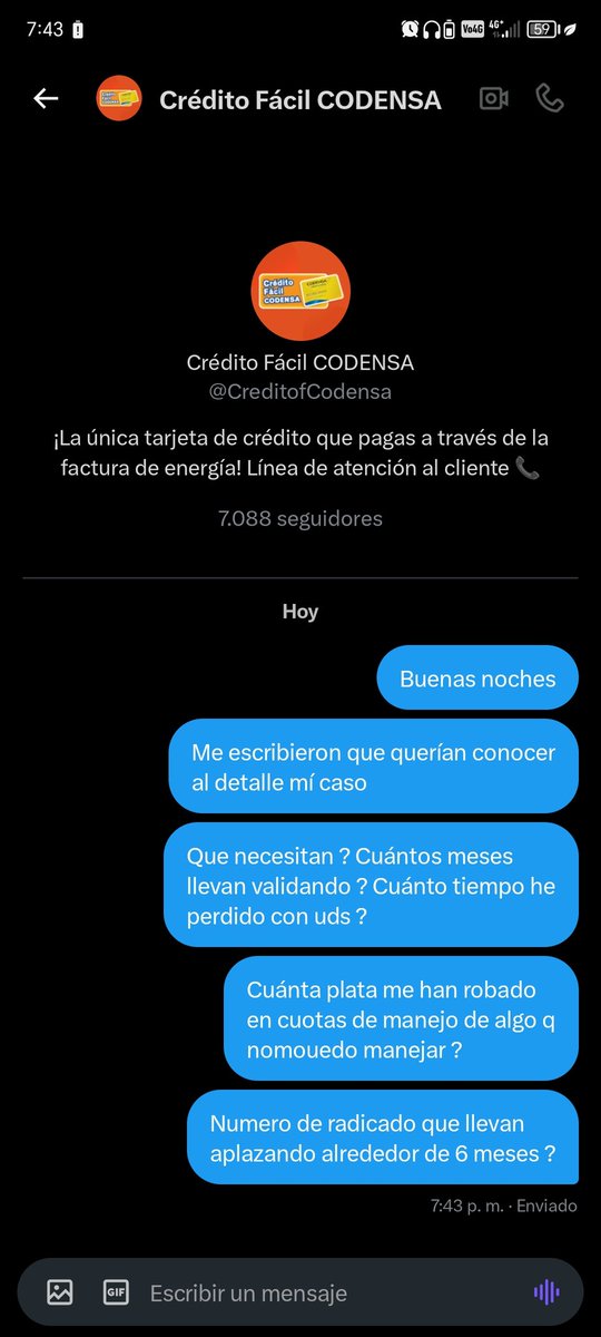 esteban8909's tweet photo. @CreditofCodensa @Adelabalaguera @SFCsupervisor @ScotiaColpatria Listo ya les escribí al interno a ver qué novedad encuentro esta vez https://t.co/D9Rt4ZkOiM