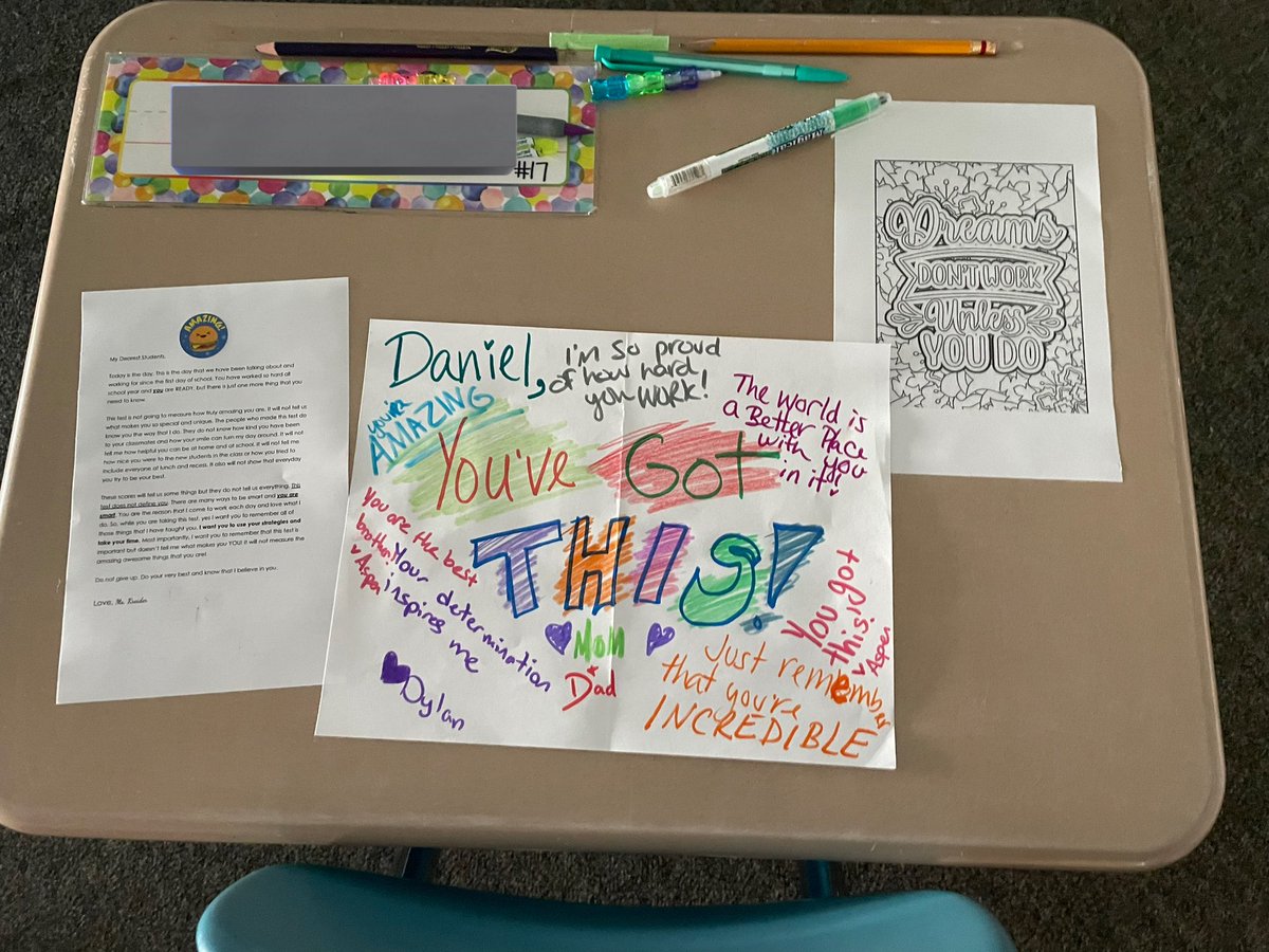 ms_kreider's tweet photo. Working with families to have a secret note ready for students when they came in for their first EOG always warms my heart! Students worked so hard, and loved reading a token from their loved ones ❤️ Day 2 tomorrow! https://t.co/UvkOKunp8M