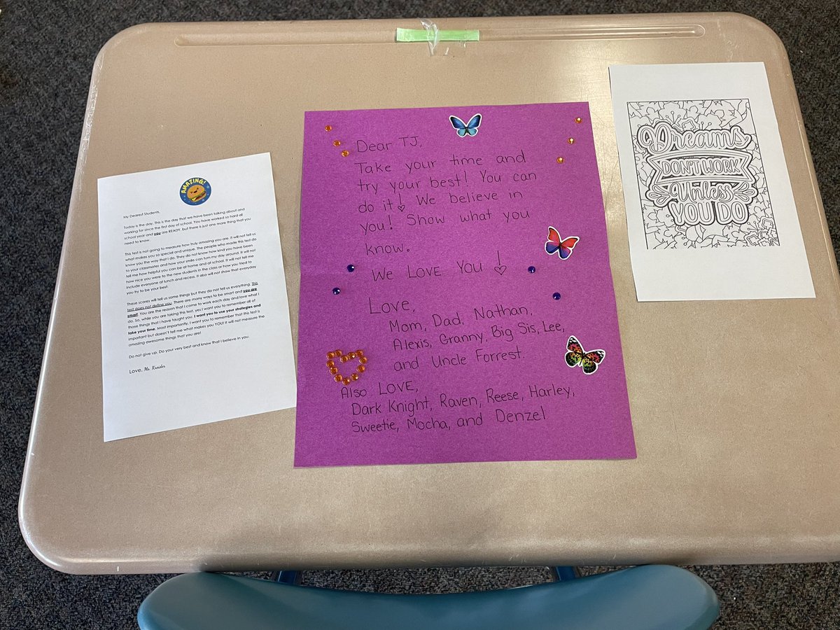 ms_kreider's tweet photo. Working with families to have a secret note ready for students when they came in for their first EOG always warms my heart! Students worked so hard, and loved reading a token from their loved ones ❤️ Day 2 tomorrow! https://t.co/UvkOKunp8M