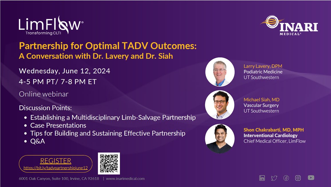 Shon Chakrabarti MD MPH (@shonmd) on Twitter photo 🚨 Limb Savers 🚨
Our next #LimFlow webinar will feature Dr. Michael Siah and Dr. Lawrence Lavery, DPM MPH on Wednesday June 12th, free for all to register
Register here:  bit.ly/tadvpartnershi…
<a href="/InariMedical/">Inari, now part of Stryker</a> #amputation #peripheralvasculardisease #nolimbleftbehind #ischemia 🚨 Limb Savers 🚨
Our next #LimFlow webinar will feature Dr. Michael Siah and Dr. Lawrence Lavery, DPM MPH on Wednesday June 12th, free for all to register
Register here:  bit.ly/tadvpartnershi…
<a href="/InariMedical/">Inari, now part of Stryker</a> #amputation #peripheralvasculardisease #nolimbleftbehind #ischemia