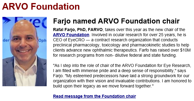 Congratulations Rafal Farjo on being appointed the new ARVO Foundation chair! <a href="/ARVOinfo/">ARVO</a> <a href="/EyeCRO/">EyeCRO</a>