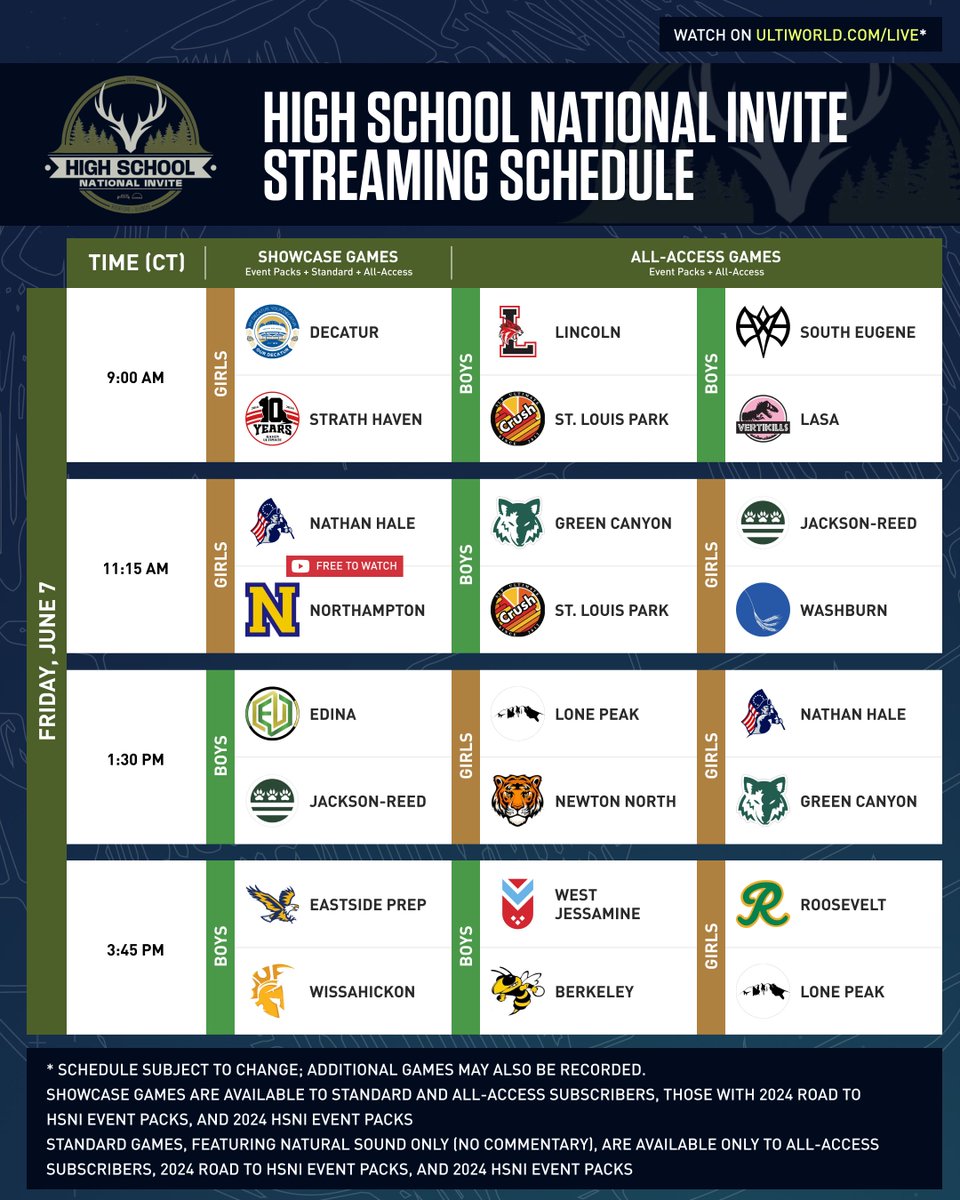 Ultiworld's tweet image. 2024 High School National Invite: Streaming Schedule, How to Watch -&amp;gt; buff.ly/3yYdZjS