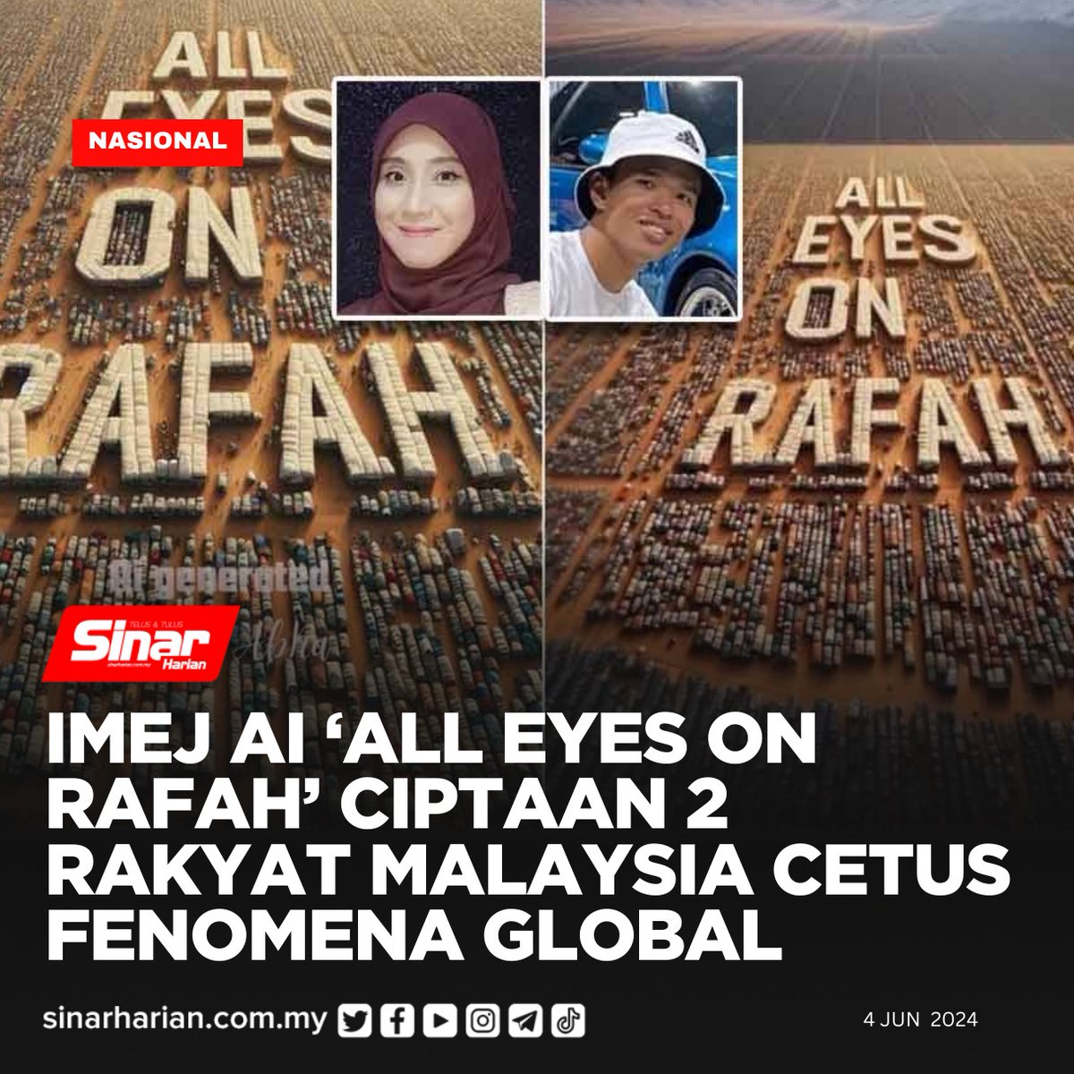 SinarOnline's tweet photo. #ICYMI Imej dijanakan kecerdasan buatan (AI) bertulis 'All eyes on Rafah' yang dikongsi lebih 50 juta akaun di Instagram sehingga mendapat perhatian global dipercayai telah dihasilkan oleh dua rakyat Malaysia.

Memetik laporan National Public Radio (NPR), dua individu tersebut ialah guru Sains dari Kota Kinabalu, Sabah, Zila Abka dan seorang lagi merupakan pelajar dari Kuala Lumpur, Amirul Shah.