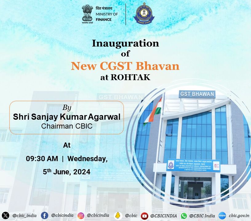 CBIC (@cbic_india) on Twitter photo Chairman CBIC Sh. Sanjay Kumar Agarwal will inaugurate the new GST Bhawan, Rohtak today at 9.30 am. <a href="/cgstpklzone/">CGST & CX Zone, Panchkula.</a>
Watch Live on YouTube 👉 youtube.com/live/7gv7oGXwr… Chairman CBIC Sh. Sanjay Kumar Agarwal will inaugurate the new GST Bhawan, Rohtak today at 9.30 am. <a href="/cgstpklzone/">CGST & CX Zone, Panchkula.</a>
Watch Live on YouTube 👉 youtube.com/live/7gv7oGXwr…
