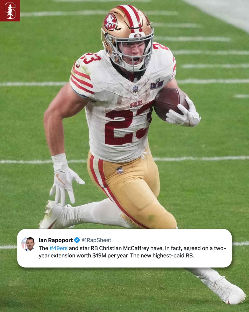 Stanford Football (@stanfordfball) on Twitter photo It's a good day to be <a href="/CMC_22/">Christian McCaffrey</a>.
A former Stanford legend and the reigning Offensive Player of the Year is now the highest-paid running back in the NFL and remains in the Bay Area with the <a href="/49ers/">San Francisco 49ers</a>‼️
📸: Joe Camporeale/<a href="/usatodaysports/">USA TODAY Sports</a>
#StanfordNFL It's a good day to be <a href="/CMC_22/">Christian McCaffrey</a>.
A former Stanford legend and the reigning Offensive Player of the Year is now the highest-paid running back in the NFL and remains in the Bay Area with the <a href="/49ers/">San Francisco 49ers</a>‼️
📸: Joe Camporeale/<a href="/usatodaysports/">USA TODAY Sports</a>
#StanfordNFL