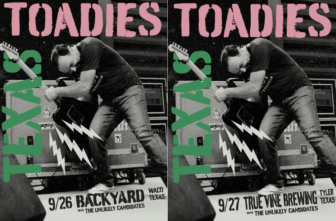 Toadies (Official) (@thetoadies) on Twitter photo Just announced 2 new shows with <a href="/tucband/">The Unlikely Candidates</a> Sept 26 at <a href="/BackyardWaco/">The BaCKyArD Waco</a> and Sept 27 <a href="/truevinebrewing/">True Vine Brewing</a> Just announced 2 new shows with <a href="/tucband/">The Unlikely Candidates</a> Sept 26 at <a href="/BackyardWaco/">The BaCKyArD Waco</a> and Sept 27 <a href="/truevinebrewing/">True Vine Brewing</a>