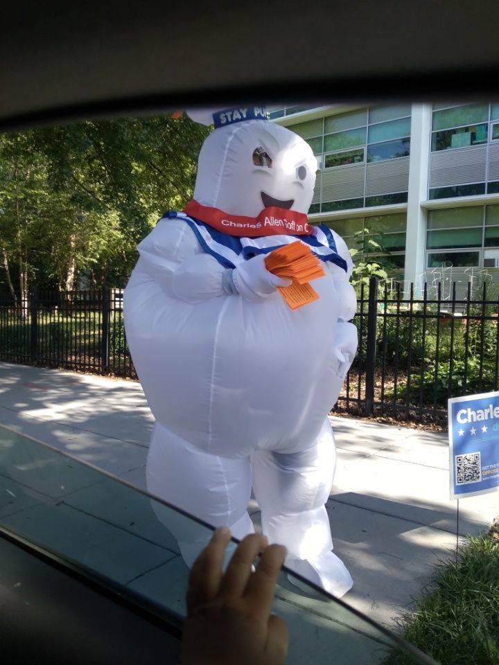 MakeDCSafe's tweet photo. Charles Allen soft on crime! The Marshmallow Man out in full force today at polling stations for the Democratic Primary! https://t.co/j7YZznQBu5