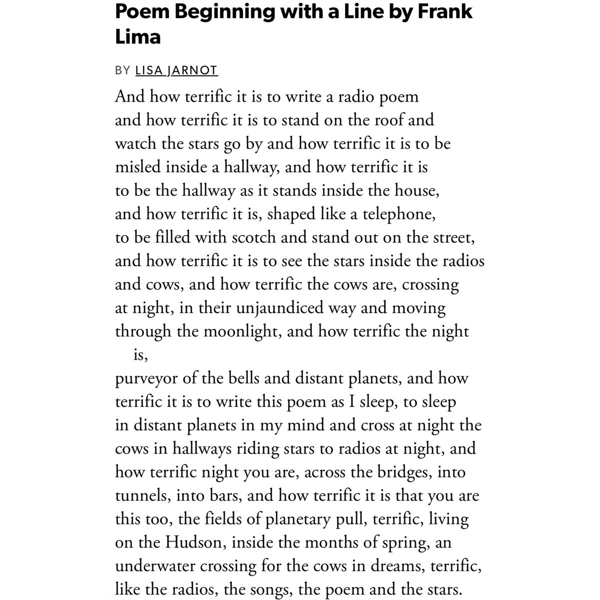 maureenthorson's tweet photo. “And how terrific it is” A poem by Lisa Jarnot. https://t.co/rmc2f8MAnJ