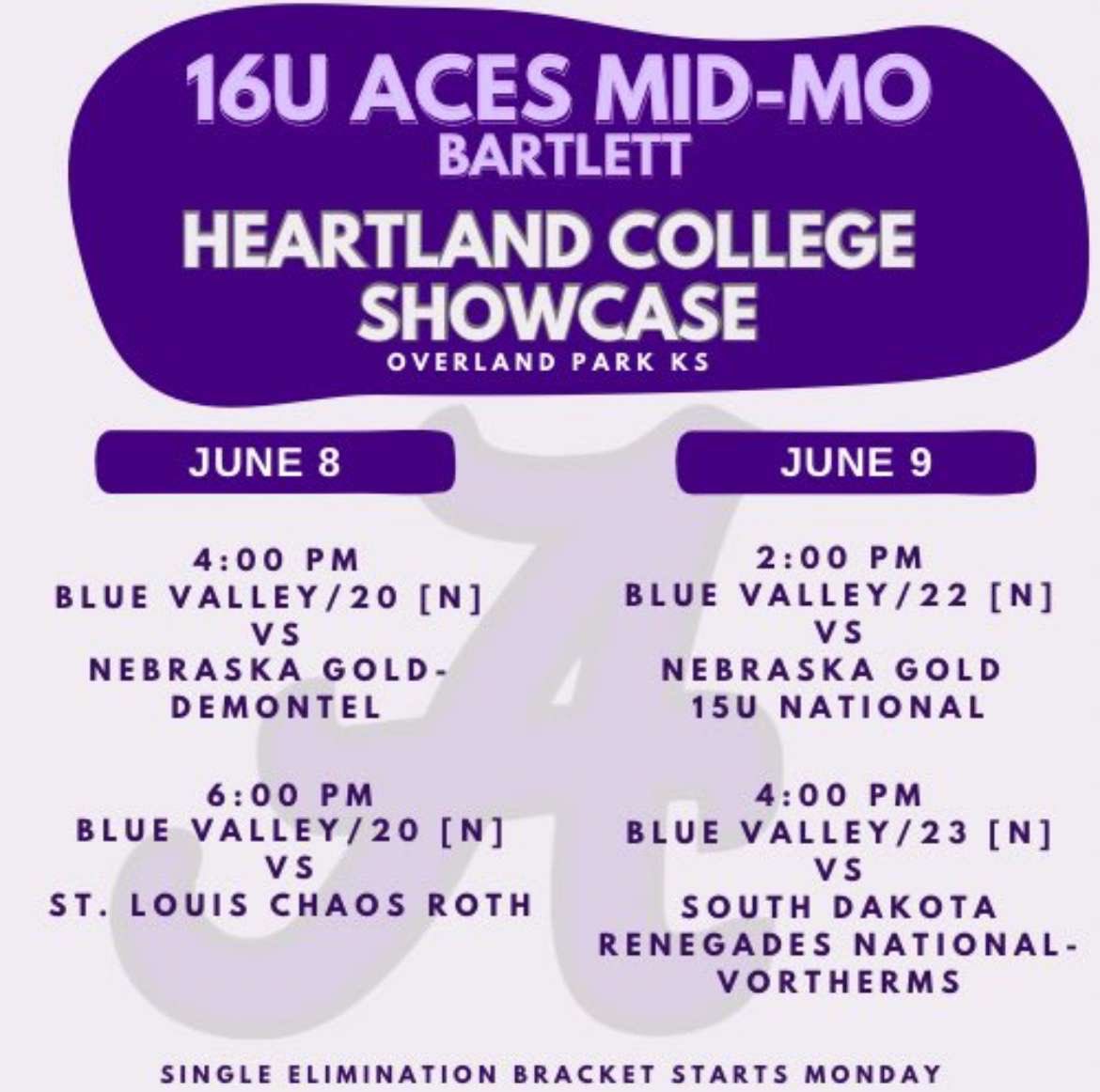 Can’t wait to hit the field this weekend with @AcesFPMidMO !! Here’s our games schedule for the Heartland College Showcase!! 💜🤍 @tbartlett76 @CoachMooreNB @NBSoftball1 @Aces_SoftballKC